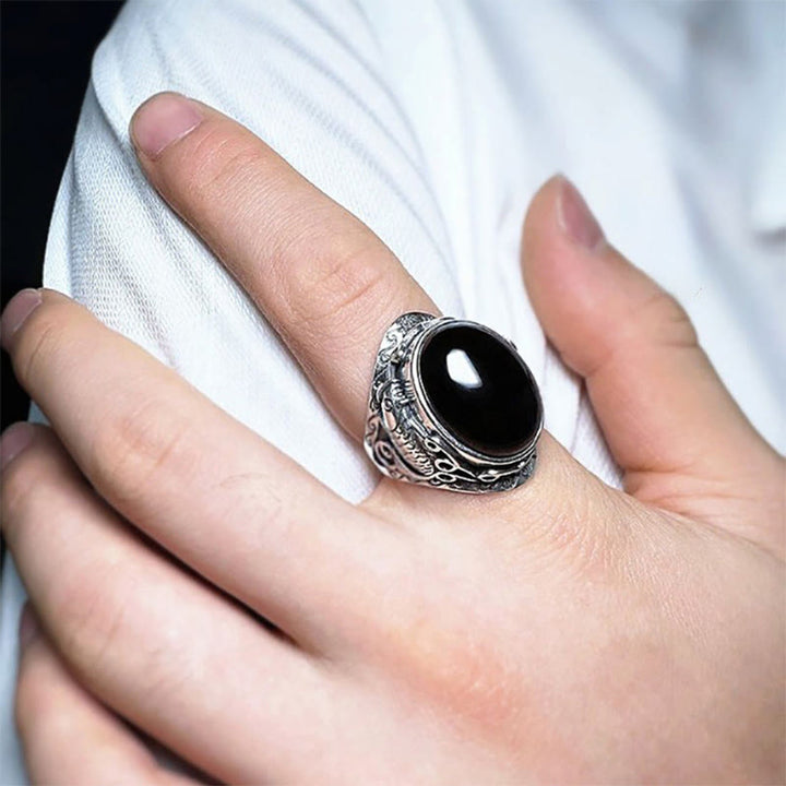 Pierścień z regulowanym symbolem siły i kamieniami Buddha Stones z czarnego obsydianu i rybą Koi - image 11