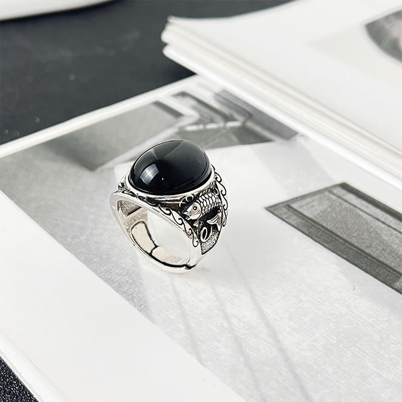 Pierścień z regulowanym symbolem siły i kamieniami Buddha Stones z czarnego obsydianu i rybą Koi - image 8