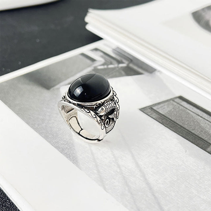Pierścień z regulowanym symbolem siły i kamieniami Buddha Stones z czarnego obsydianu i rybą Koi - image 8