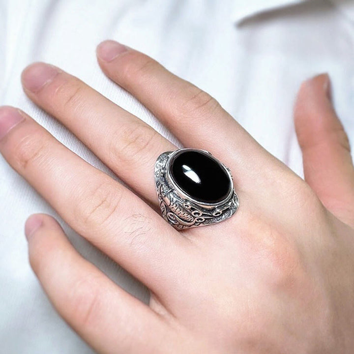 Pierścień z regulowanym symbolem siły i kamieniami Buddha Stones z czarnego obsydianu i rybą Koi - image 9