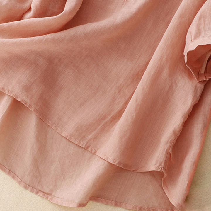 Koszula damska z krótkim rękawem i prostym wzorem żabiej klamry „Buddha Stones” - image 5