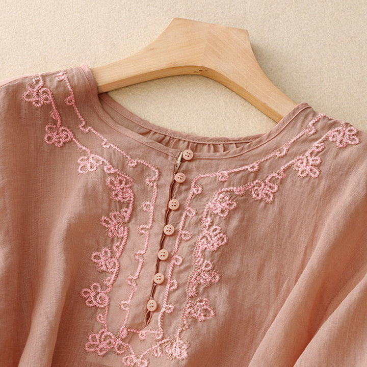 Koszula damska z krótkim rękawem i prostym wzorem żabiej klamry „Buddha Stones” - image 2