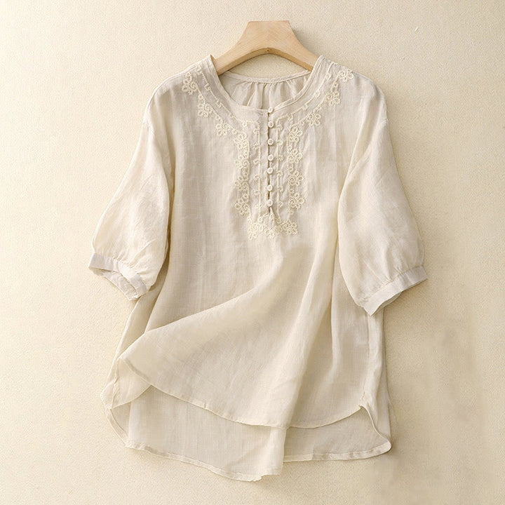 Koszula damska z krótkim rękawem i prostym wzorem żabiej klamry „Buddha Stones” - Kość słoniowa - US8-10，UK/AU12-14，EU40-42 (2XL) - image 7