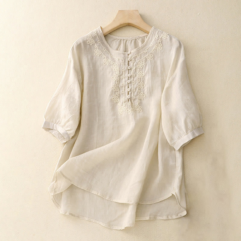 Koszula damska z krótkim rękawem i prostym wzorem żabiej klamry „Buddha Stones” - Kość słoniowa - US8-10，UK/AU12-14，EU40-42 (2XL) - image 7