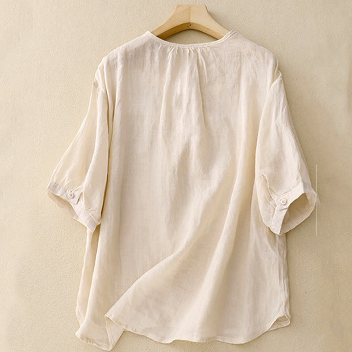 Koszula damska z krótkim rękawem i prostym wzorem żabiej klamry „Buddha Stones” - image 8