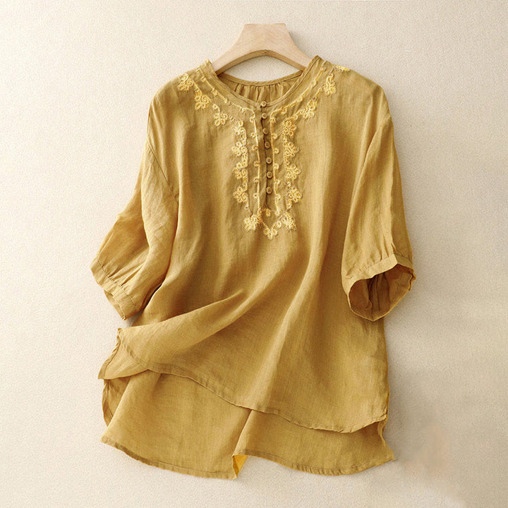 Koszula damska z krótkim rękawem i prostym wzorem żabiej klamry „Buddha Stones” - Nawłoć - US8-10，UK/AU12-14，EU40-42 (2XL) - image 12