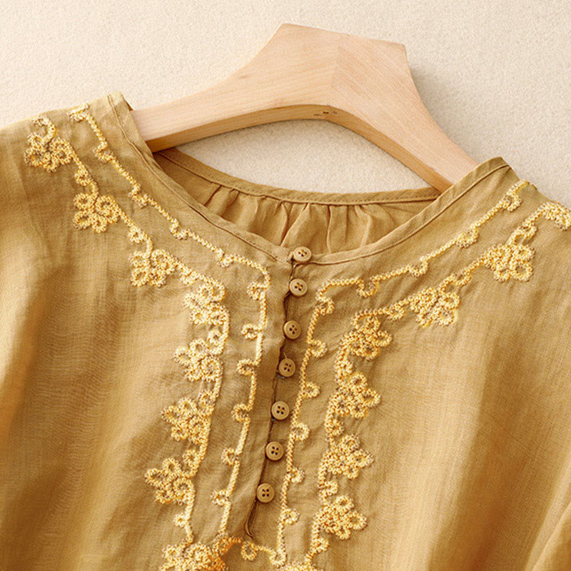 Koszula damska z krótkim rękawem i prostym wzorem żabiej klamry „Buddha Stones” - image 16