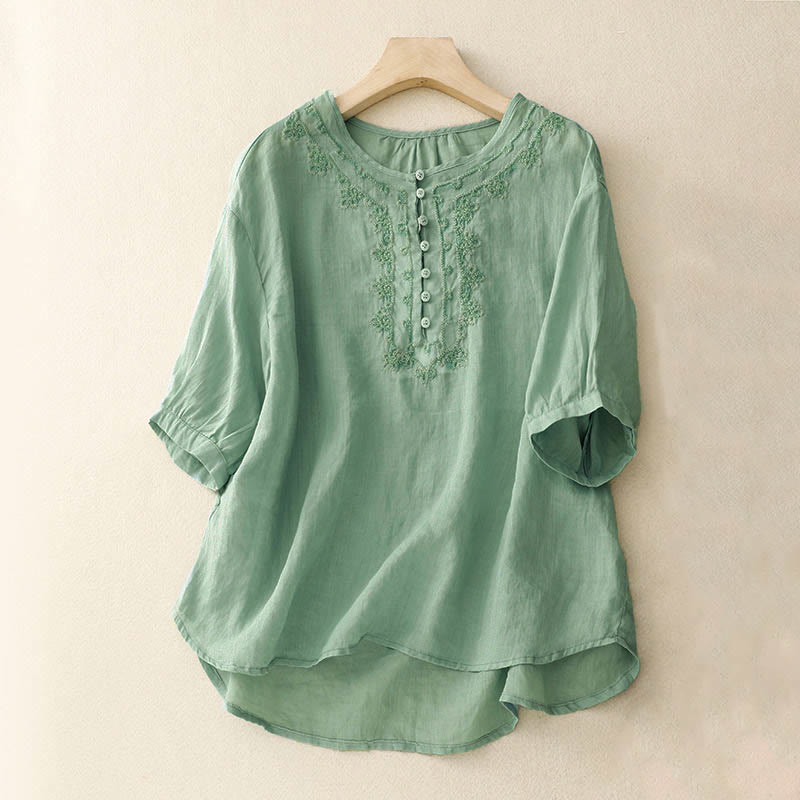 Koszula damska z krótkim rękawem i prostym wzorem żabiej klamry „Buddha Stones” - PaleGreen - US8-10，UK/AU12-14，EU40-42 (2XL) - image 17