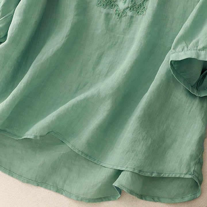 Koszula damska z krótkim rękawem i prostym wzorem żabiej klamry „Buddha Stones” - image 19