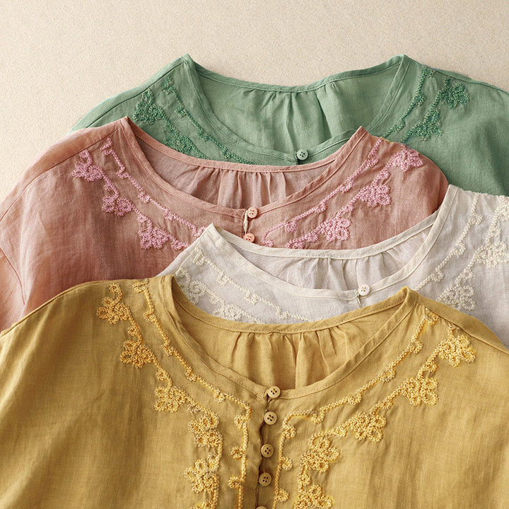 Koszula damska z krótkim rękawem i prostym wzorem żabiej klamry „Buddha Stones” - image 23