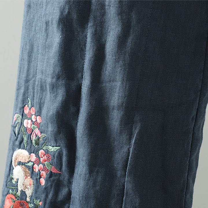 Spodnie damskie z szerokimi nogawkami i kieszeniami, haftowane żaby z Buddha Stones - image 5