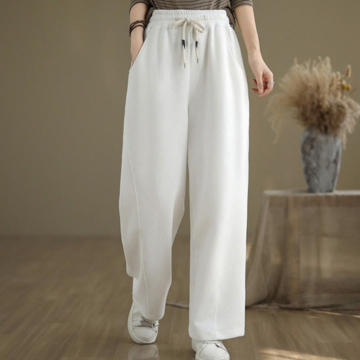 Damskie spodnie z szerokimi nogawkami i kieszeniami, w jednolitym kolorze z motywem Buddha Stones i sznurkiem - image 16