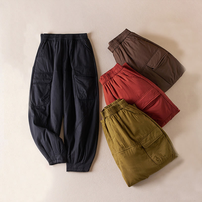 Damskie spodnie haremowe z grubej bawełny z kieszeniami i gładkimi, bawełnianymi watami w kolorze Buddha Stones - image 0