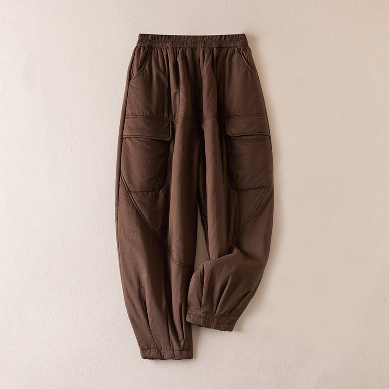 Damskie spodnie haremowe z grubej bawełny z kieszeniami i gładkimi, bawełnianymi watami w kolorze Buddha Stones - SaddleBrown - US8-10，UK/AU12-14，EU40-42 (2XL) - image 8