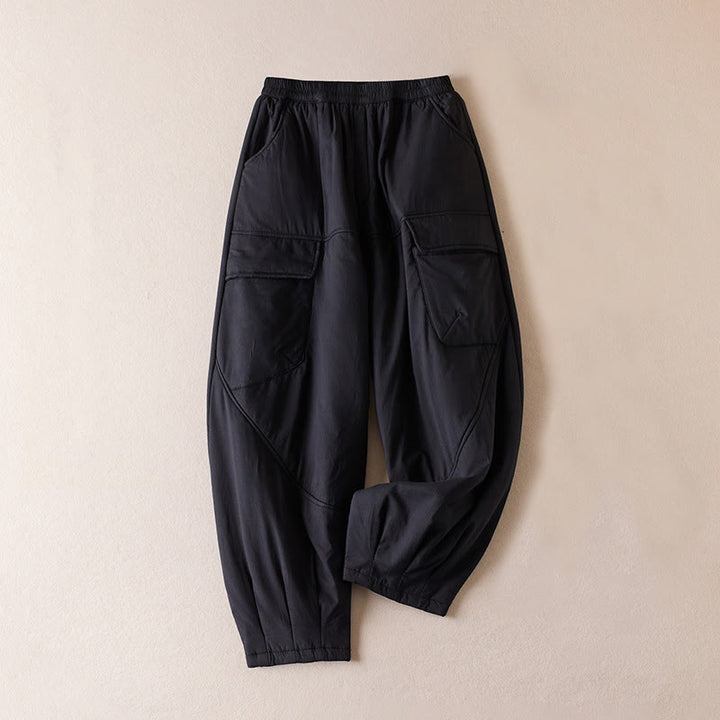 Damskie spodnie haremowe z grubej bawełny z kieszeniami i gładkimi, bawełnianymi watami w kolorze Buddha Stones - Czarny - US8-10，UK/AU12-14，EU40-42 (2XL) - image 22