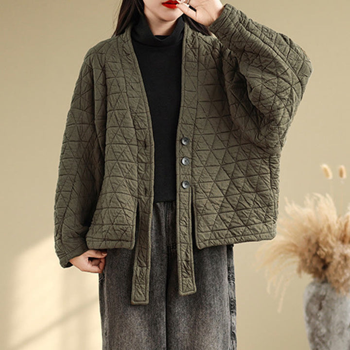 Kurtka damska z długim rękawem i kieszeniami z grubej bawełny "Buddha Stones" z guzikami - image 6