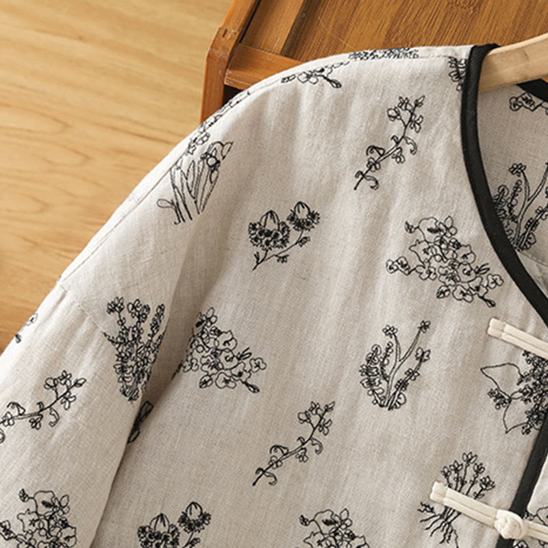 Kurtka damska Buddha Stones z haftem żaba-guzik, bawełniana, pikowana, z długim rękawem i kieszeniami - image 7