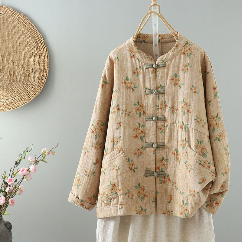 Kurtka damska z długim rękawem z poliestru z nadrukiem w kwiaty i żabą, z Buddha Stones i kieszeniami - Mokasyn - US14, UK/AU18, EU46 (2XL) - image 0