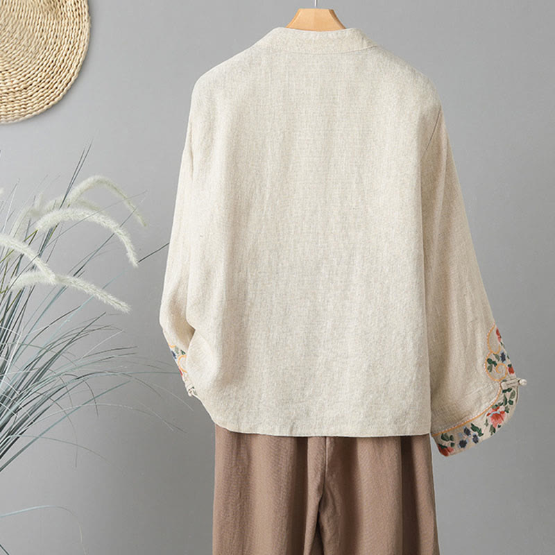 Koszula damska z długim rękawem i stójką z haftowanymi Buddha Stones, swobodna, bawełniana - image 2