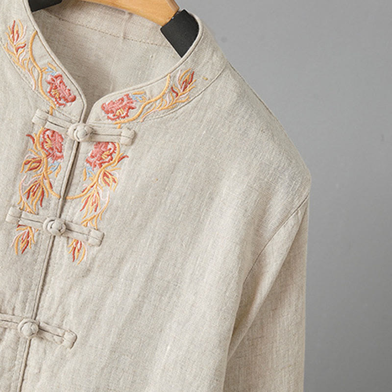 Koszula damska z długim rękawem i stójką z haftowanymi Buddha Stones, swobodna, bawełniana - image 3