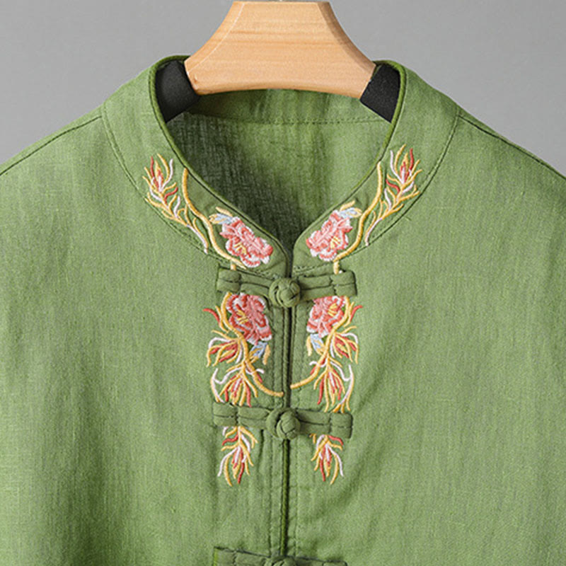 Koszula damska z długim rękawem i stójką z haftowanymi Buddha Stones, swobodna, bawełniana - image 15