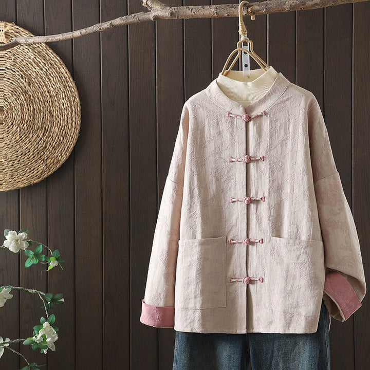 Koszula damska z długim rękawem i stójką z motywem kwiatów "Buddha Stones" z bawełny - Lawendowy róż - US14, UK/AU18, EU46 (2XL) - image 0