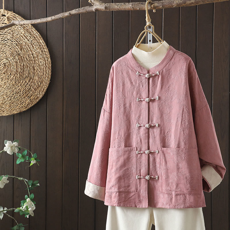 Koszula damska z długim rękawem i stójką z motywem kwiatów "Buddha Stones" z bawełny - Jasnoróżowy - US14, UK/AU18, EU46 (2XL) - image 10