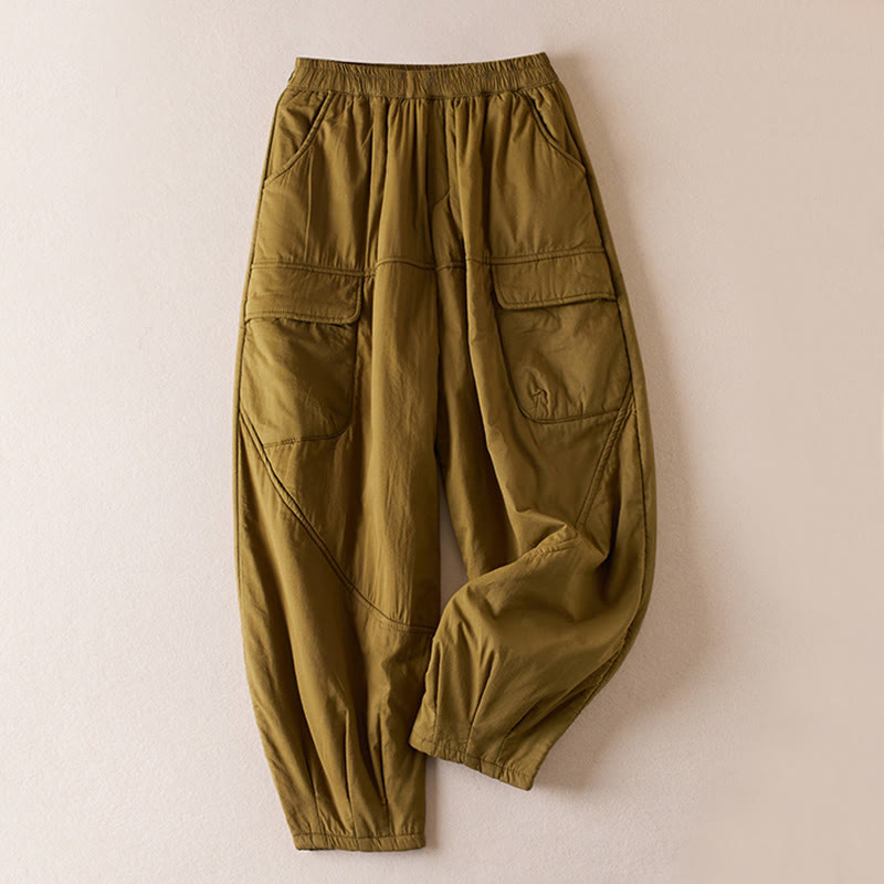 Damskie spodnie haremowe z grubej bawełny z kieszeniami i gładkimi, bawełnianymi watami w kolorze Buddha Stones - DarkGoldenrod - US8-10，UK/AU12-14，EU40-42 (2XL) - image 1