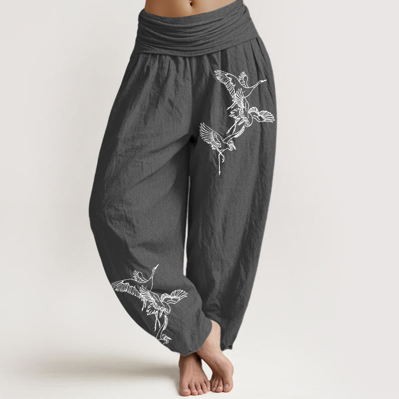 Damskie spodnie haremowe z elastyczną talią i wzorem w latający żuraw z Buddha Stones - DimGray - US22, UK/AU26, EU54 (6XL) - image 0