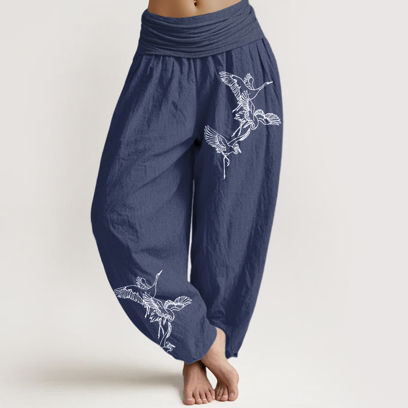 Damskie spodnie haremowe z elastyczną talią i wzorem w latający żuraw z Buddha Stones - DarkSlateBlue - US22, UK/AU26, EU54 (6XL) - image 8