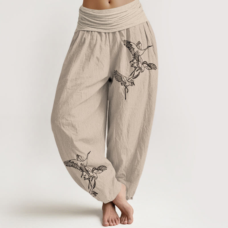 Damskie spodnie haremowe z elastyczną talią i wzorem w latający żuraw z Buddha Stones - Dębnik - US22, UK/AU26, EU54 (6XL) - image 11