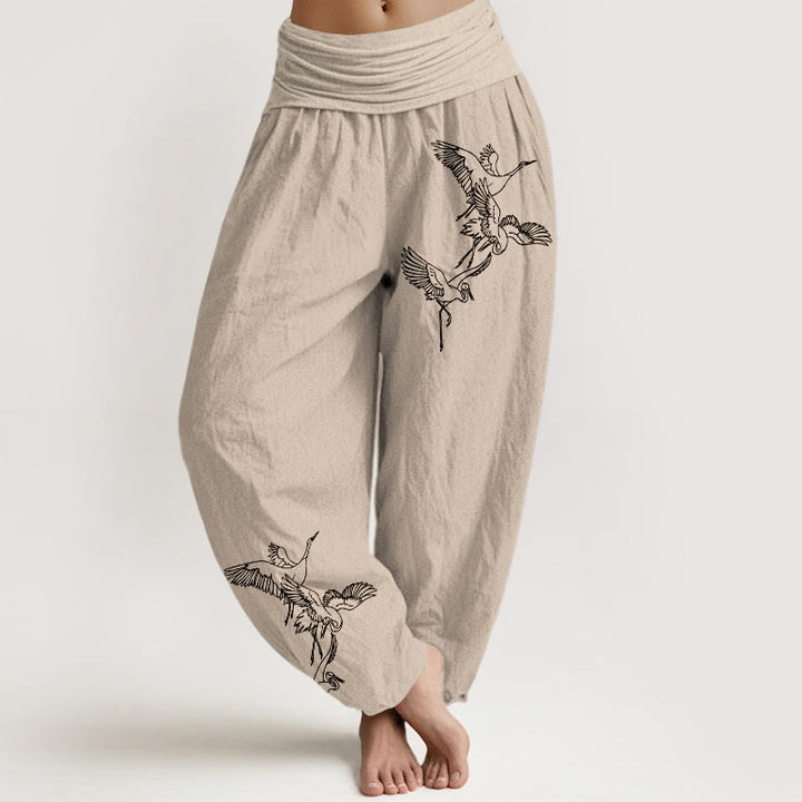 Damskie spodnie haremowe z elastyczną talią i wzorem w latający żuraw z Buddha Stones - Dębnik - US22, UK/AU26, EU54 (6XL) - image 11