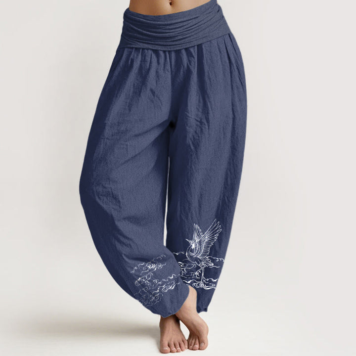 Damskie spodnie haremowe z elastycznej talii z motywem Buddha Stones i żurawia płynącego w wodzie - DarkSlateBlue - US22, UK/AU26, EU54 (6XL) - image 0