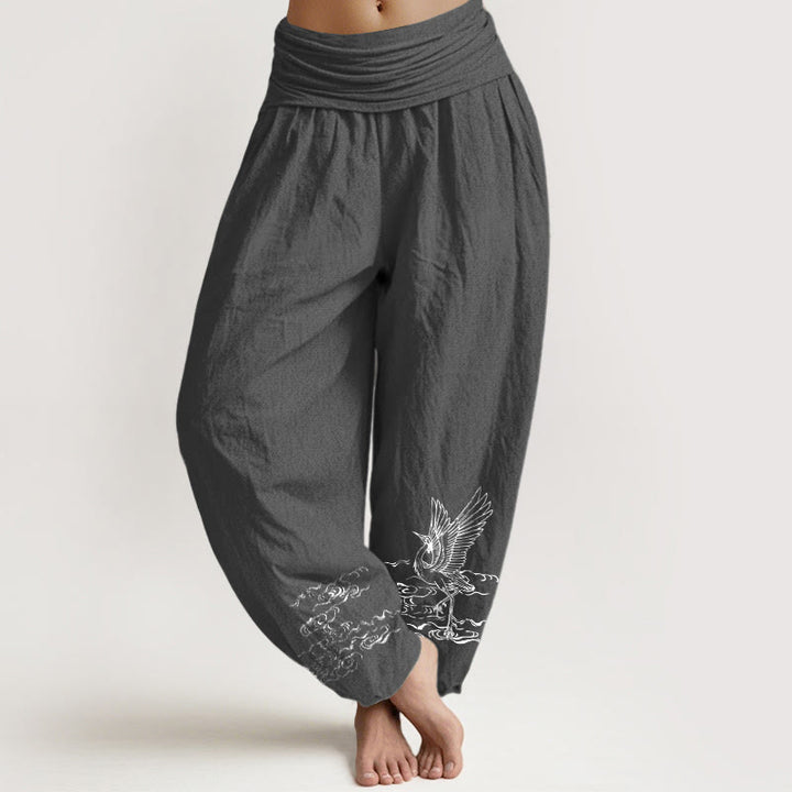 Damskie spodnie haremowe z elastycznej talii z motywem Buddha Stones i żurawia płynącego w wodzie - DimGray - US22, UK/AU26, EU54 (6XL) - image 8