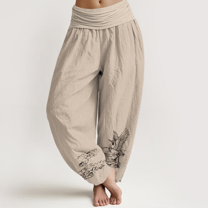 Damskie spodnie haremowe z elastycznej talii z motywem Buddha Stones i żurawia płynącego w wodzie - Dębnik - US22, UK/AU26, EU54 (6XL) - image 11