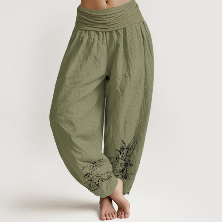 Damskie spodnie haremowe z elastycznej talii z motywem Buddha Stones i żurawia płynącego w wodzie - Oliwkowy - US22, UK/AU26, EU54 (6XL) - image 14