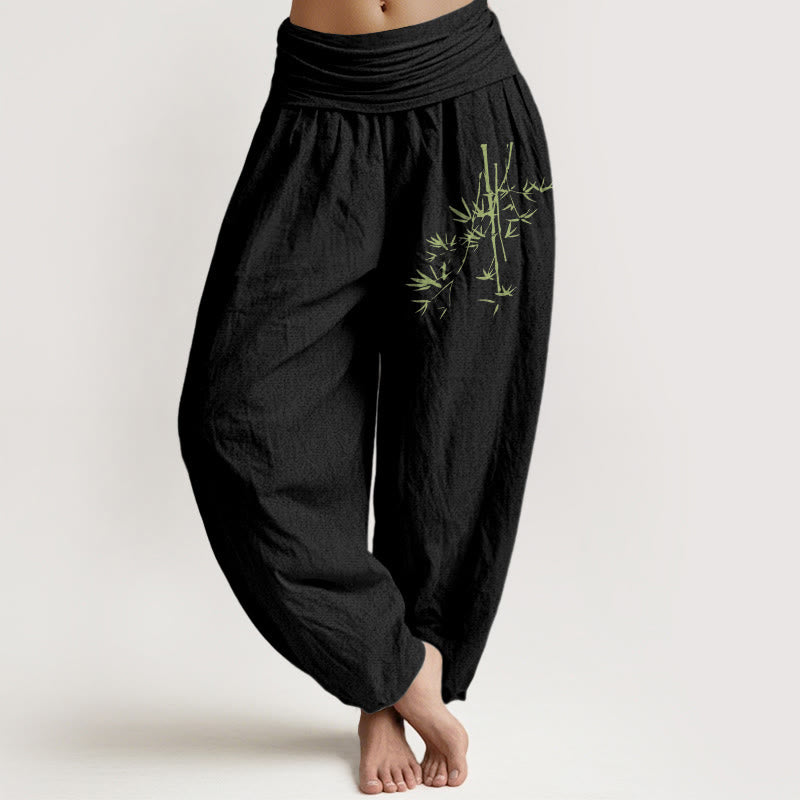 Damskie spodnie haremowe z elastycznej talii z motywem Buddha Stones bambusa i liści - Czarny - US22, UK/AU26, EU54 (6XL) - image 0