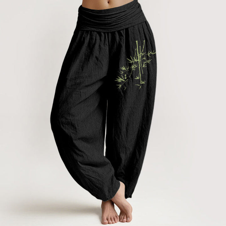 Damskie spodnie haremowe z elastycznej talii z motywem Buddha Stones bambusa i liści - Czarny - US22, UK/AU26, EU54 (6XL) - image 0