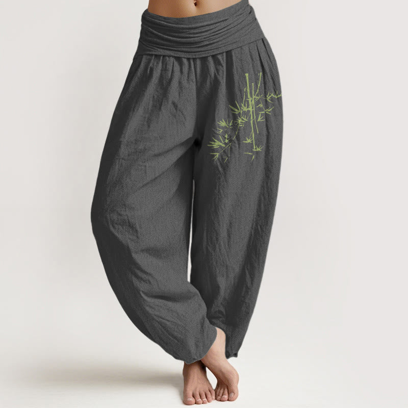 Damskie spodnie haremowe z elastycznej talii z motywem Buddha Stones bambusa i liści - DimGray - US22, UK/AU26, EU54 (6XL) - image 8