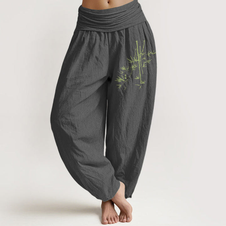 Damskie spodnie haremowe z elastycznej talii z motywem Buddha Stones bambusa i liści - DimGray - US22, UK/AU26, EU54 (6XL) - image 8