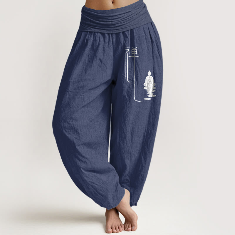 Damskie spodnie haremowe z elastycznej bawełny z motywem Buddha Stones buddyjskich i wzorem buddyjskim Zen - DarkSlateBlue - US22, UK/AU26, EU54 (6XL) - image 0