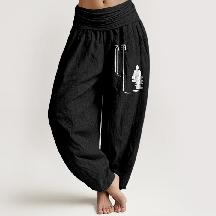 Damskie spodnie haremowe z elastycznej bawełny z motywem Buddha Stones buddyjskich i wzorem buddyjskim Zen - Czarny - US22, UK/AU26, EU54 (6XL) - image 5