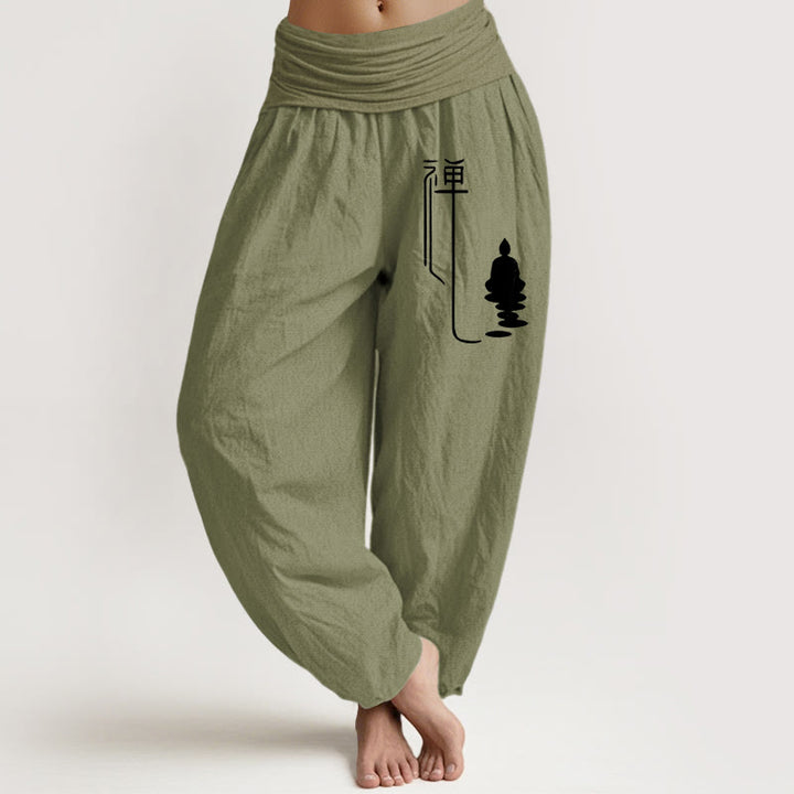Damskie spodnie haremowe z elastycznej bawełny z motywem Buddha Stones buddyjskich i wzorem buddyjskim Zen - Oliwkowy - US22, UK/AU26, EU54 (6XL) - image 14