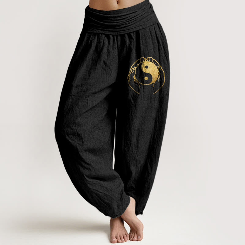 Damskie spodnie haremowe z elastycznej bawełny z Buddha Stones i wzorem dłoni Yin Yang - Czarny - US22, UK/AU26, EU54 (6XL) - image 0