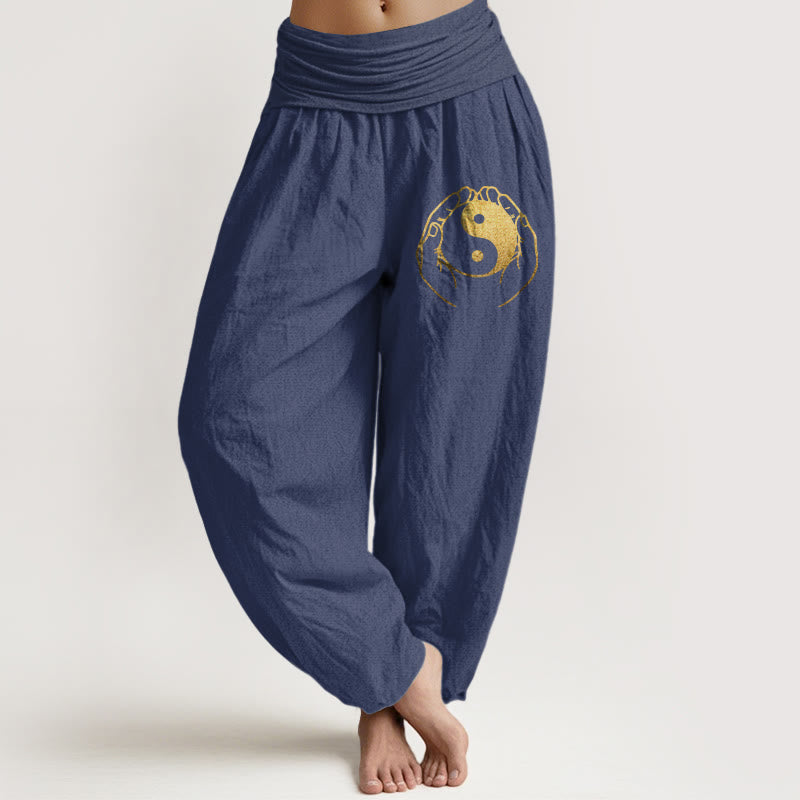 Damskie spodnie haremowe z elastycznej bawełny z Buddha Stones i wzorem dłoni Yin Yang - DarkSlateBlue - US22, UK/AU26, EU54 (6XL) - image 5