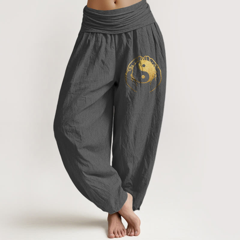 Damskie spodnie haremowe z elastycznej bawełny z Buddha Stones i wzorem dłoni Yin Yang - DimGray - US22, UK/AU26, EU54 (6XL) - image 8