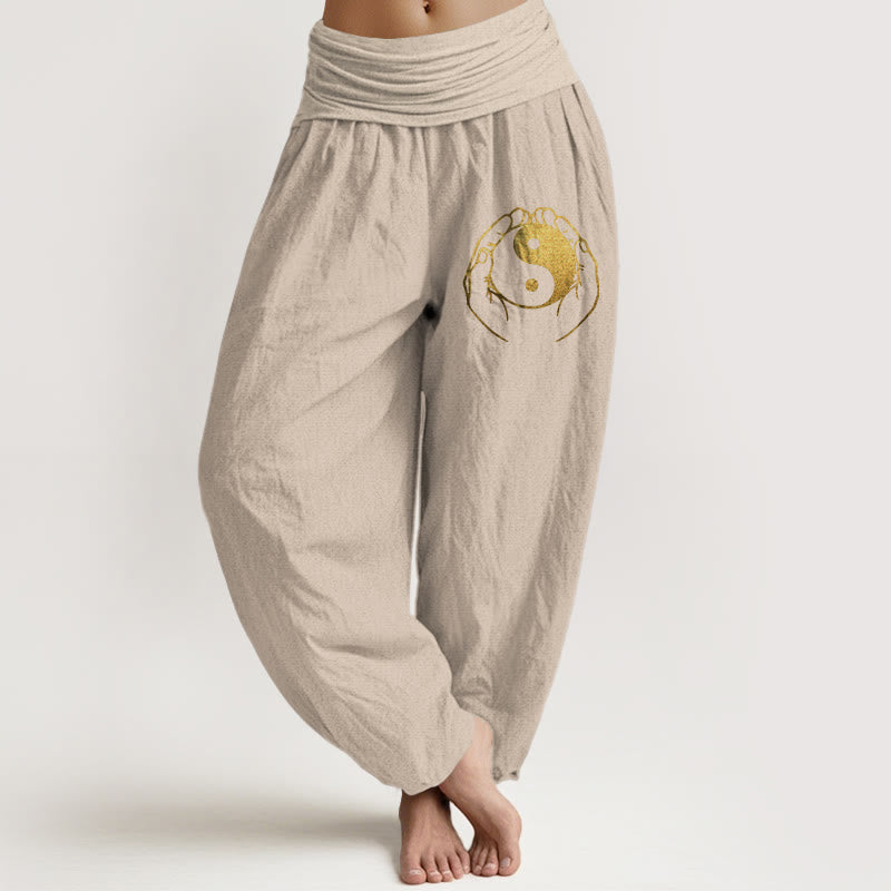 Damskie spodnie haremowe z elastycznej bawełny z Buddha Stones i wzorem dłoni Yin Yang - Dębnik - US22, UK/AU26, EU54 (6XL) - image 11