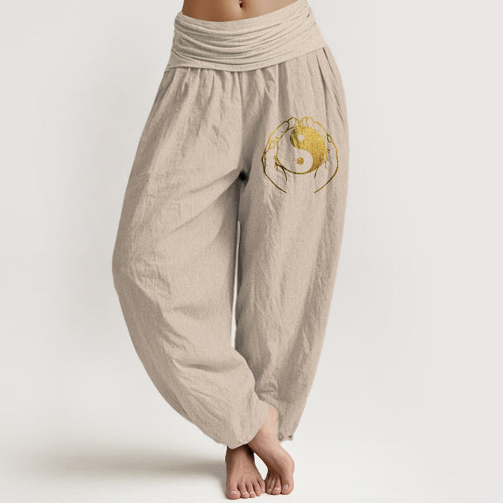 Damskie spodnie haremowe z elastycznej bawełny z Buddha Stones i wzorem dłoni Yin Yang - Dębnik - US22, UK/AU26, EU54 (6XL) - image 11