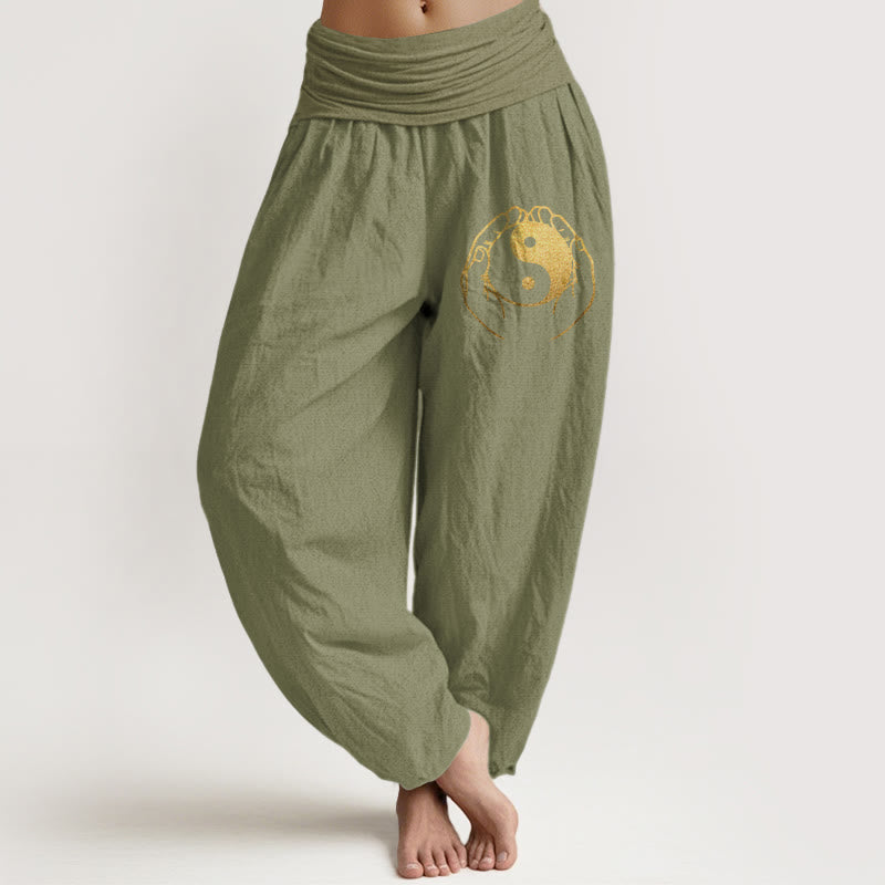 Damskie spodnie haremowe z elastycznej bawełny z Buddha Stones i wzorem dłoni Yin Yang - Oliwkowy - US22, UK/AU26, EU54 (6XL) - image 14