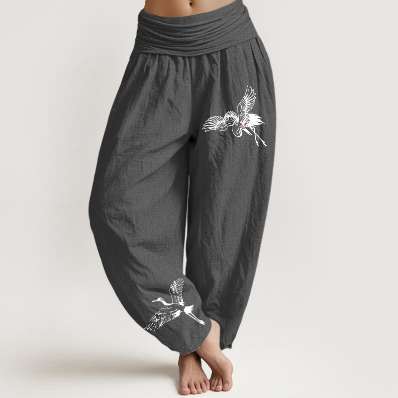 Damskie spodnie haremowe z elastyczną talią i bawełnianym wzorem w kształcie latających żurawi mandżurskich z Buddha Stones - DimGray - US22, UK/AU26, EU54 (6XL) - image 8